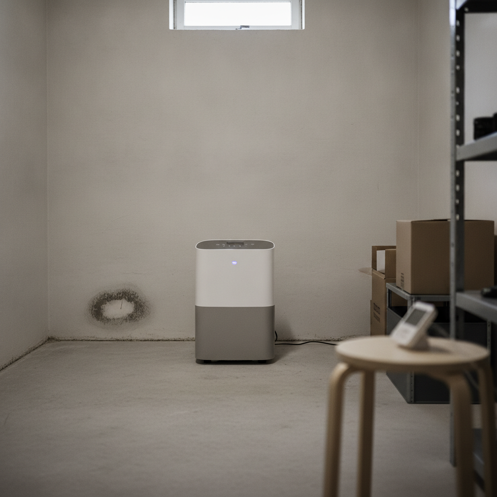 vvs, affugter, affugtning, fugt, luftfugtighed, hygrometer, indendørs, kælder, parcelhus, dansk bolig, ventilation, kondens, vandskade, fugtskade, skimmelrisiko, betongulv, kældervæg, indeklima, måling, driftstid, placering, renovering, hus, bolig, håndværker