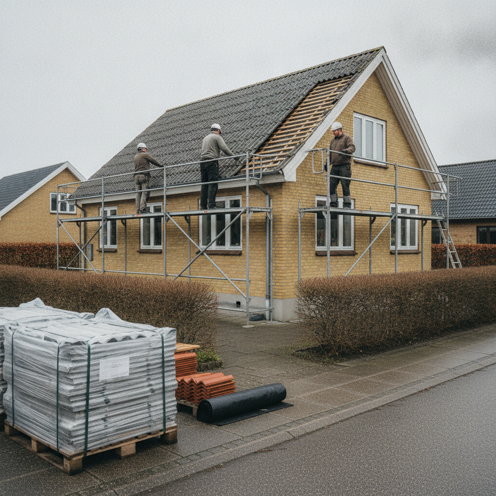 tagdækker, tagudskiftning, asbesttag, eternittag, fibercement, bølgeplader, ståltag, tegl, tagpap, zinktag, udendørs, parcelhus, mursten, stillads, sikkerhed, renovering, byggeplads, affaldshåndtering, nedtagning, undertag, dansk forstad, overskyet vejr, pris, tilbud, hus, bolig, håndværker