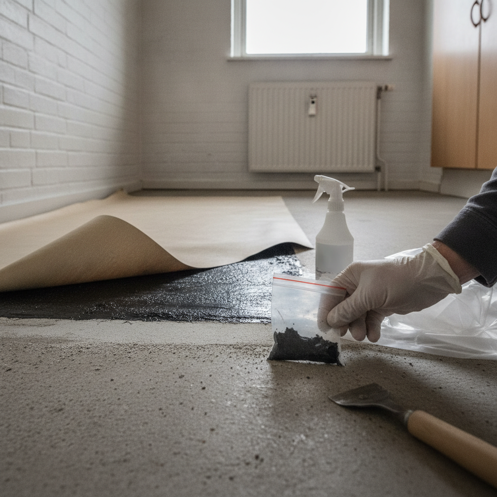 gulvfirma, asbest, asbest i gulv, asbesttest, prøveudtagning, materialeprøve, vinylgulv, pvc, gulvlim, bitumenlim, spartelmasse, udjævningslag, betongulv, bryggers, indendørs, parcelhus, renovering, nedrivning, sikkerhed, værnemidler, støv, ældre hus, hus, bolig, håndværker