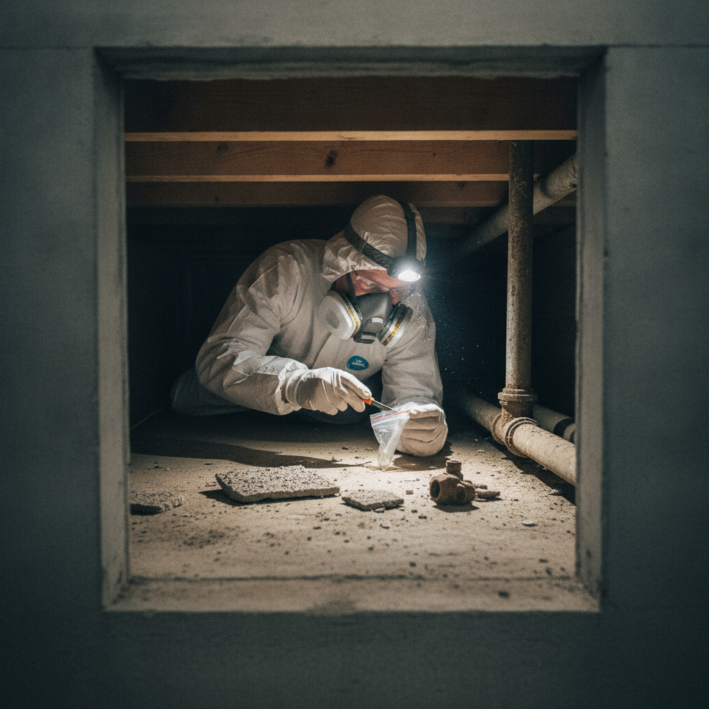 asbestsanering, asbest, krybekælder, asbesttest, prøveudtagning, materialeprøve, støvprøve, arbejdsmiljø, værnemidler, respirator, beskyttelsesdragt, rørisolering, varmerør, eternit, sokkel, udendørs adgang, parcelhus, ældre hus, renovering, dokumentation, professionel, byggeplads, hus, bolig, håndværker
