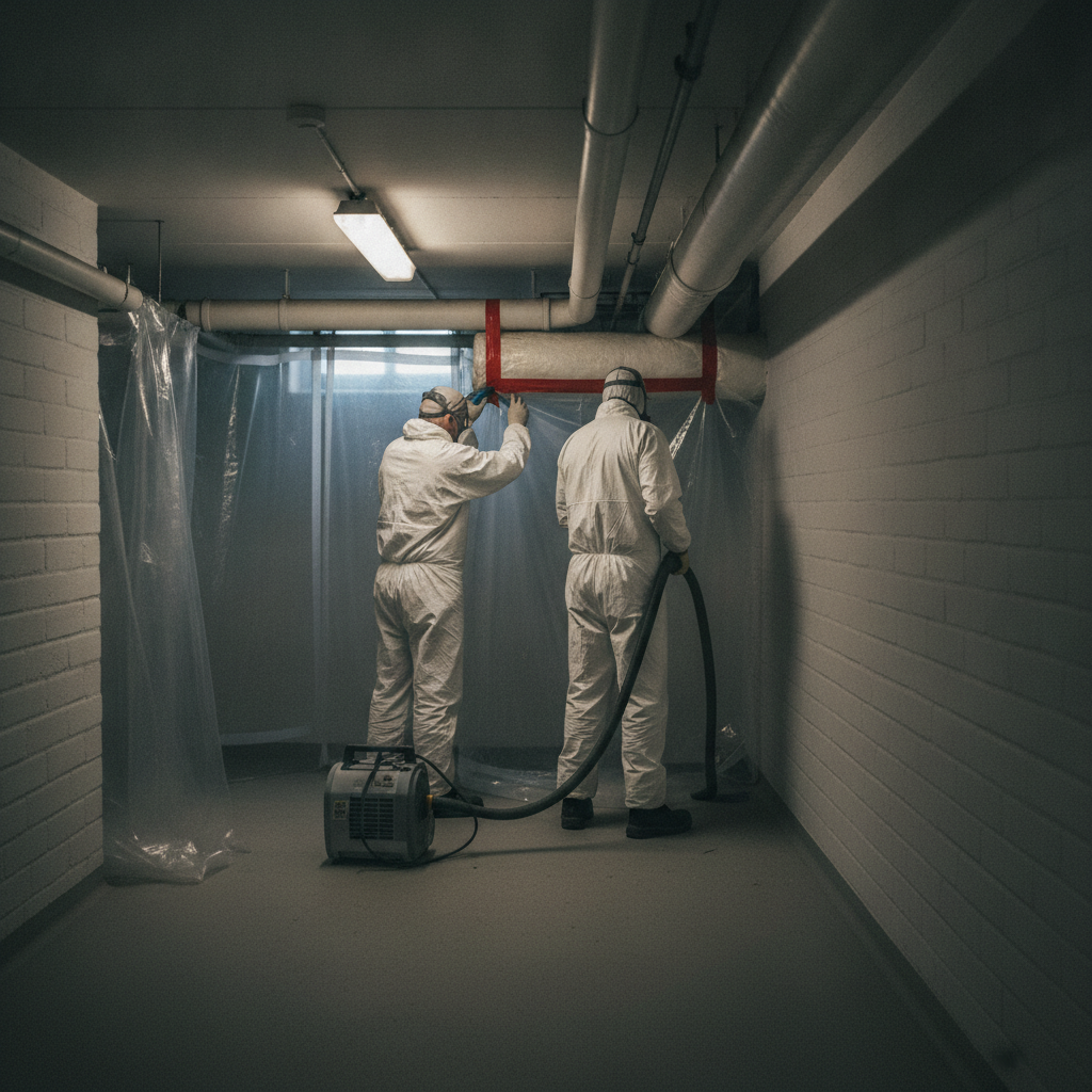 asbestsanering, miljøsanering, arbejdsmiljø, sikkerhed, prøvetagning, asbesttest, asbest, afspærring, undertryk, hepa-støvsuger, værnemidler, kælder, fællesarealer, etageejendom, boligforening, andelsforening, ejerforening, rørisolering, teknikrum, renovering, professionel, dokumentation, hus, bolig, håndværker