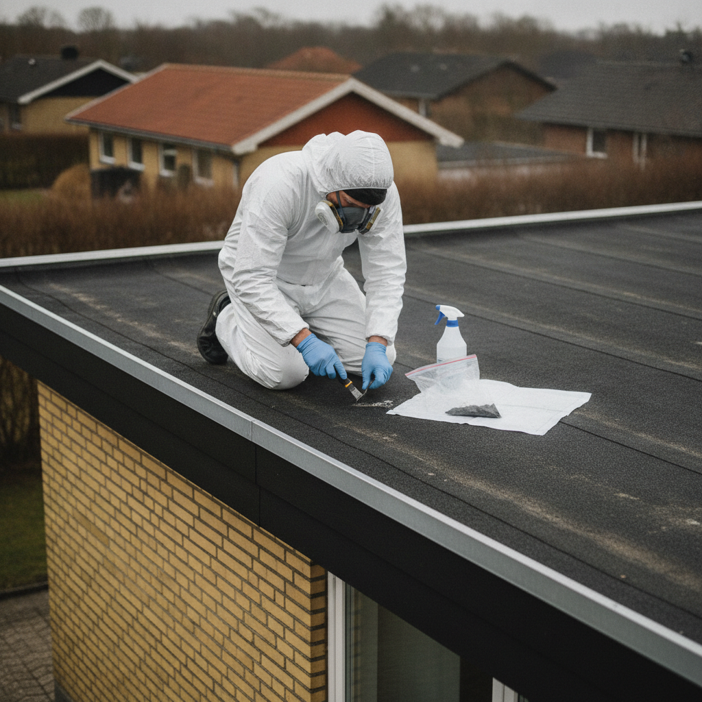 tagdækker, tagpap, asbest, asbesttest, materialeprøve, prøvetagning, sikkerhed, værnemidler, p3-åndedrætsværn, engangsdragt, handsker, fladt tag, udendørs, parcelhus, 1970er hus, mursten, bitumen, tagrenovering, reparation, vedligeholdelse, professionel, byggeplads, hus, bolig, håndværker