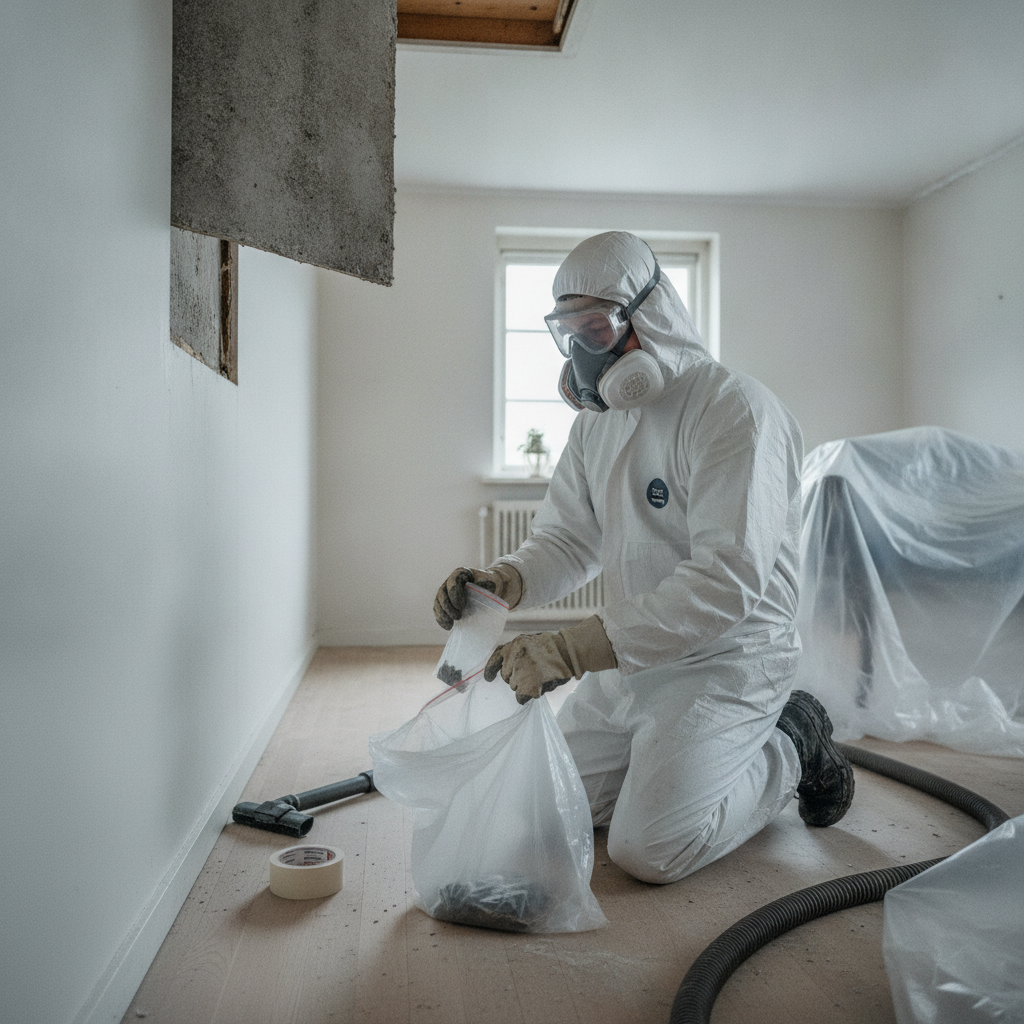 asbestsanering, asbest, asbestmistanke, indendørs, renovering, sikkerhed, værnemidler, åndedrætsværn, støv, hepa støvsuger, prøveudtagning, plastafdækning, ældre bolig, parcelhus, 1970er hus, loft, isolering, byggematerialer, arbejdsmiljø, professionel, sundhedsrisiko, hus, bolig, håndværker
