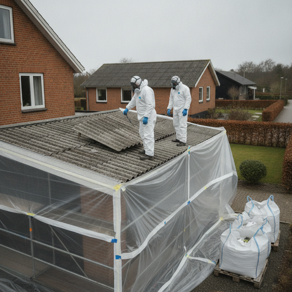 nedriver, asbest, asbestsanering, asbestautorisation, sikkerhed, ppe, værnemidler, udendørs, tagarbejde, nedtagning af tagplader, fibercement, eternit, stillads, afskærmning, affaldshåndtering, renovering, professionel, dansk parcelhus, mursten, forstad, overskyet, hus, bolig, håndværker