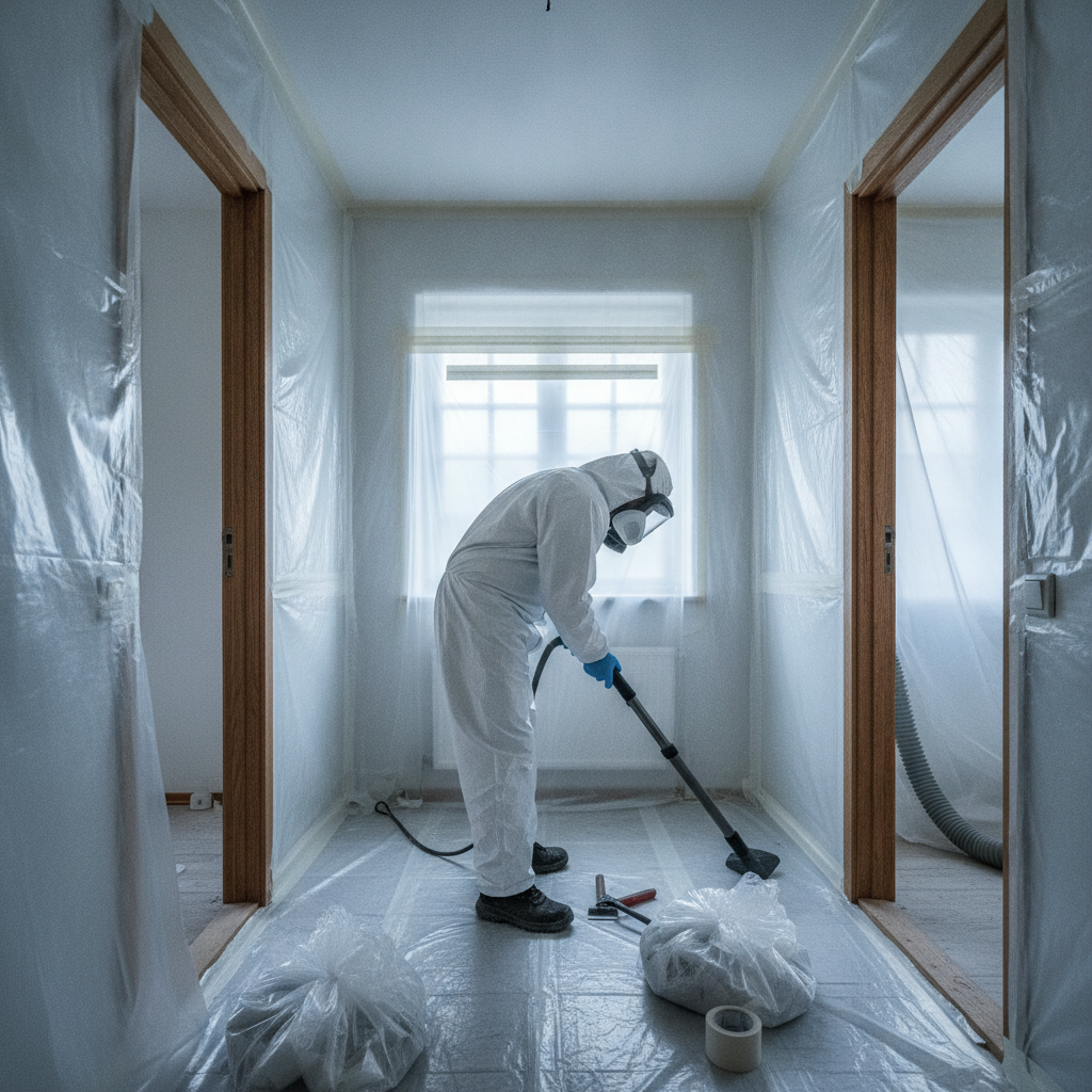 asbestsanering, miljøsanering, nedrivning, indendørs, parcelhus, dansk bolig, renovering, afskærmning, inddækning, sluse, undertryk, hepa-udsugning, værnemidler, beskyttelsesdragt, åndedrætsværn, hepa-støvsuger, farligt affald, affaldshåndtering, dokumentation, sikkerhed, arbejdsmiljø, hus, bolig, håndværker