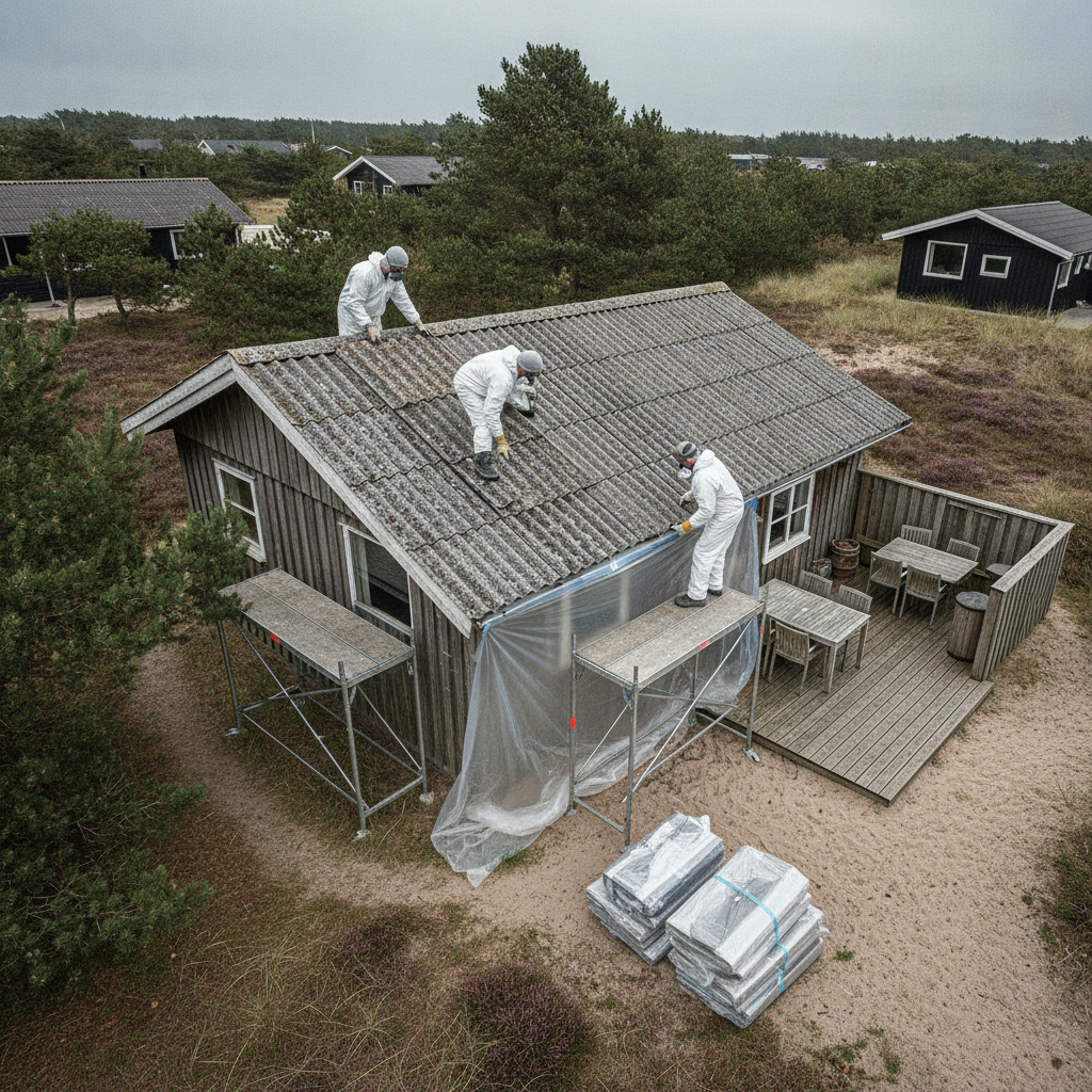 tagdækker, asbesttag, eternittag, bølgeeternit, asbestsanering, nedtagning af tag, tagudskiftning, udendørs, sommerhus, kolonihavehus, fritidshus, stillads, værnemidler, sikkerhed, affaldshåndtering, byggeplads, vedligeholdelse, renovering, autoriseret arbejde, fibercement, tagplader, pris, tilbud, hus, bolig, håndværker