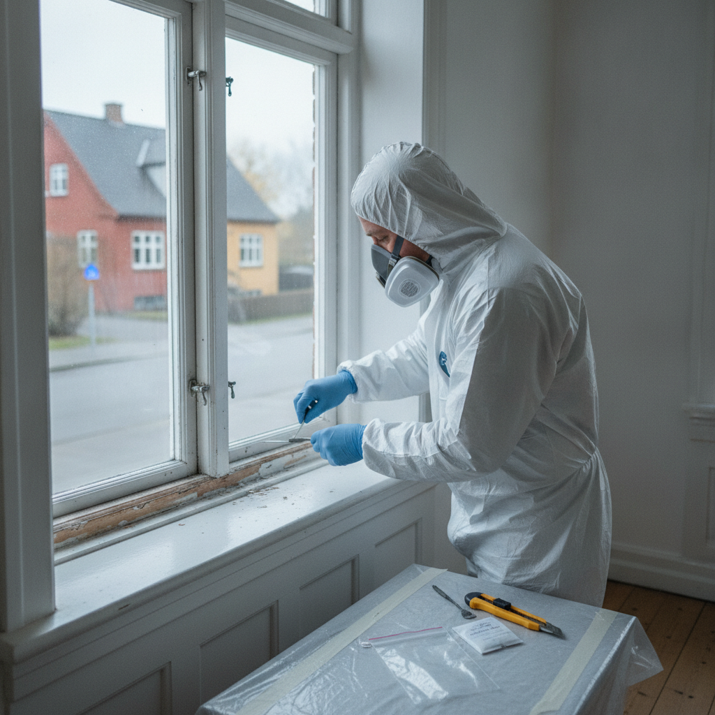 maler, bly i maling, blytest, testkit, hurtigtest, laboratorieanalyse, miljøscreening, indendørs, renovering, murermestervilla, ældre hus, vindue, trævinduer, karme, gammel maling, malingslag, skrabning, støvkontrol, afdækning med plast, værnemidler, åndedrætsværn p3, handsker, hus, bolig, håndværker