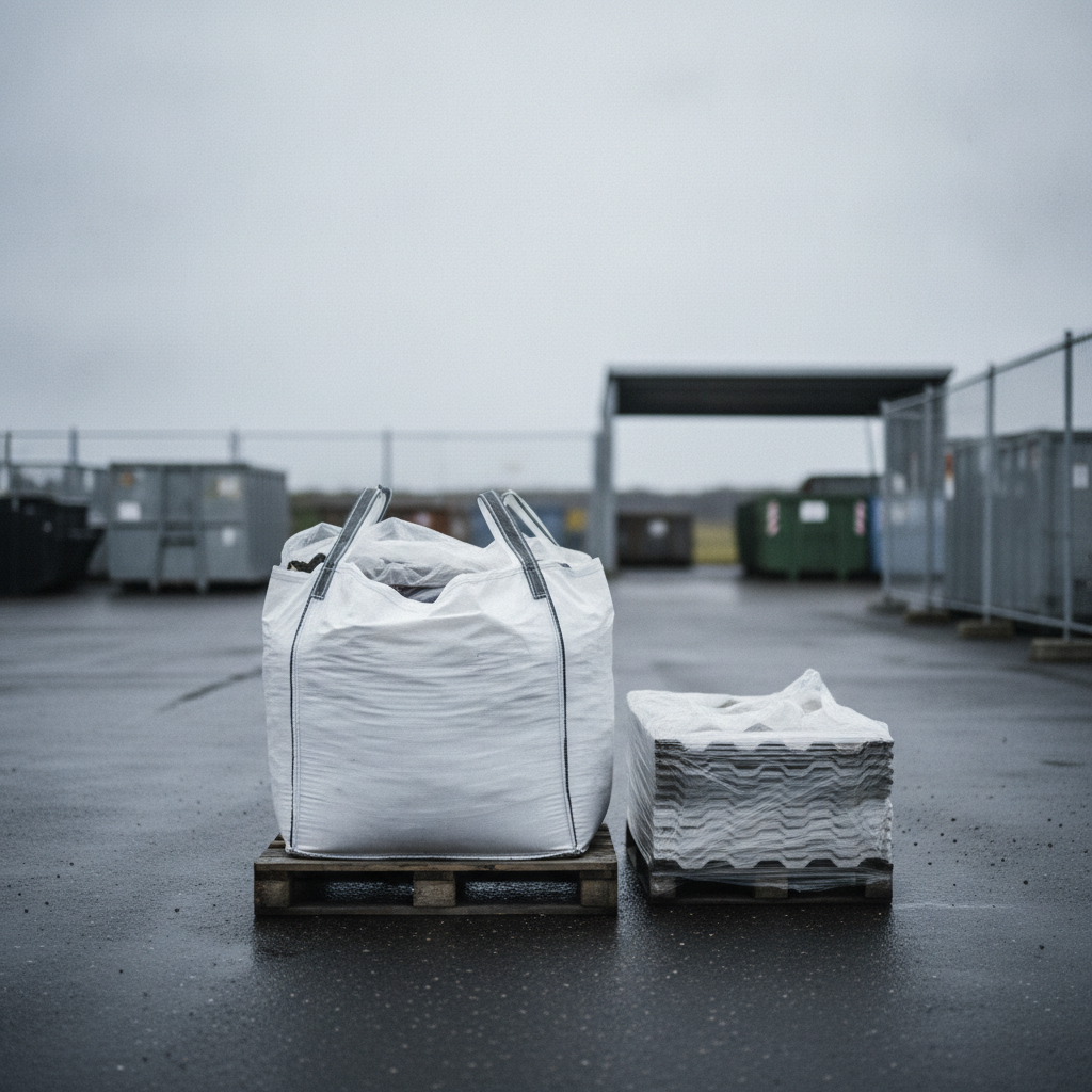 asbestsanering, asbestaffald, bortskaffelse, emballering, bigbag, plastindpakning, farligt affald, genbrugsplads, miljøanlæg, deponi, transport, affaldshåndtering, udendørs, byggeaffald, eternitplader, tagplader, parcelhus, renovering, sikkerhed, dokumentation, pris, tilbud, hus, bolig, håndværker