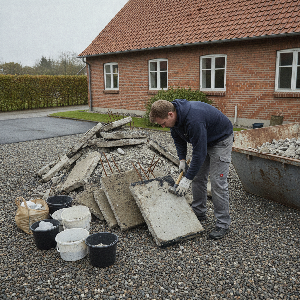 nedrivning, byggeaffald, beton, betonaffald, bortskaffelse, sortering, kildesortering, pcb, miljøscreening, forurenet beton, dokumentation, prøvetagning, genanvendelse, modtageanlæg, affaldscontainer, armeringsjern, renovering, udendørs, byggeplads, parcelhus, mursten, tagsten, professionel, hus, bolig, håndværker, pris, tilbud
