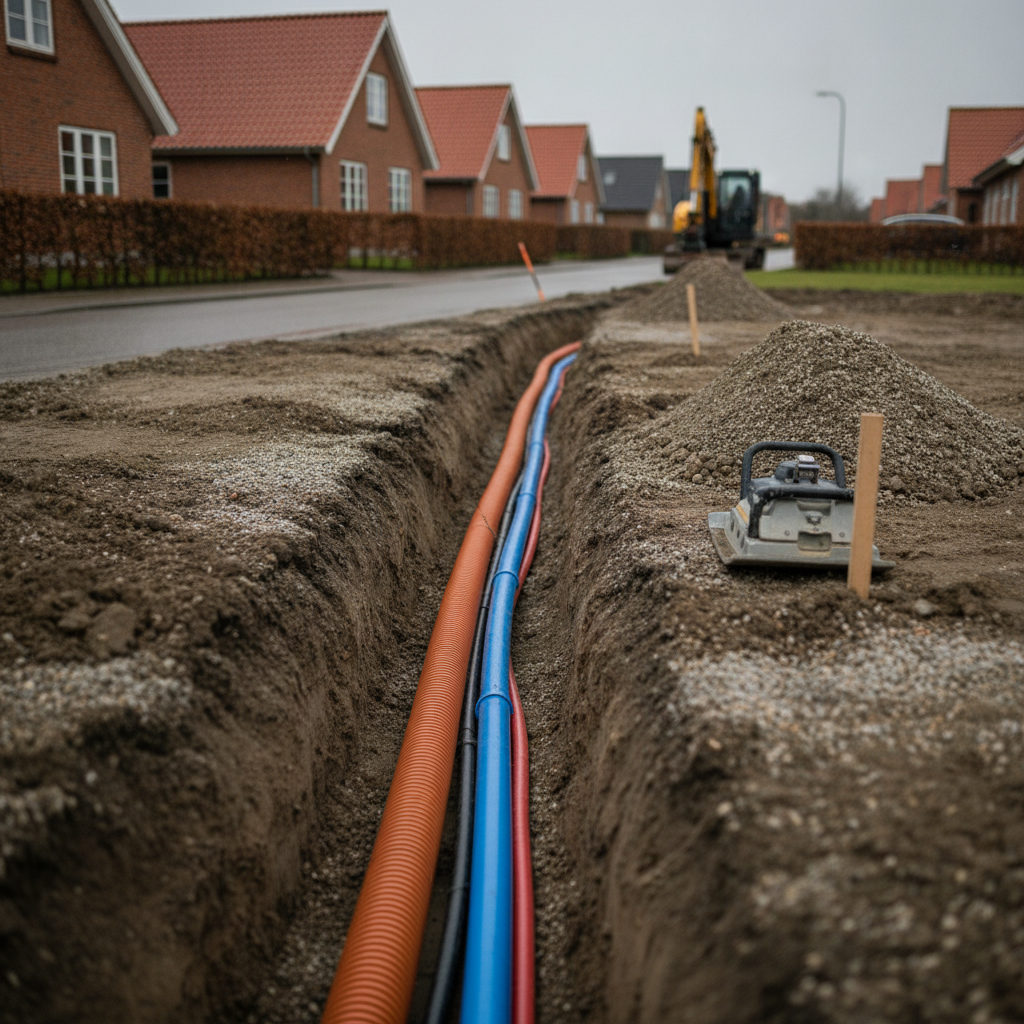 entreprenør, byggemodning, grund, byggegrund, jordarbejde, udgravning, terrænregulering, jordhåndtering, stikledninger, forsyning, vandtilslutning, kloak, el-tilslutning, fiber, dræn, afvanding, byggeplads, udendørs, parcelhus, forstad, dansk boligområde, pris, tilbud, hus, bolig, håndværker