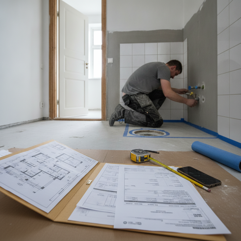 vvs, badeværelse, badeværelsesrenovering, byggetilladelse, dokumentation, tegninger, planløsning, myndighedskrav, vådrum, vådrumssikring, membran, gulvafløb, rør, installationer, indendørs, lejlighed, etageejendom, byggeplads, renovering, professionel, forsikring, bbr, hus, bolig, håndværker