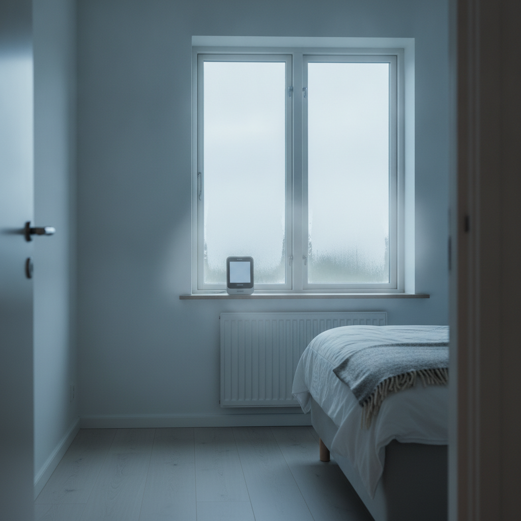 indeklima, indeklimamåling, co2-måler, hygrometer, luftfugtighed, ventilation, udluftning, kondens på vinduer, soveværelse, indendørs, parcelhus, vindue, radiator, dagslys, nordisk stil, fugtproblem, dårligt indeklima, skimmel risiko, måleudstyr, professionel rådgivning, hus, bolig, håndværker
