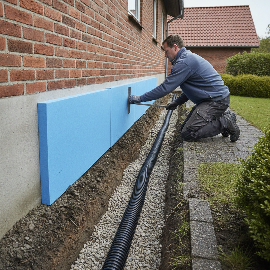 isolatør, sokkelisolering, efterisolering, udvendig, fundament, sokkel, kuldebro, fugtrisiko, dræn, omfangsdræn, udgravning, xps, isoleringsplader, beton, mursten, terræn, regnvand, tilbagefyldning, renovering, energiforbedring, pris, tilbud, hus, bolig, håndværker