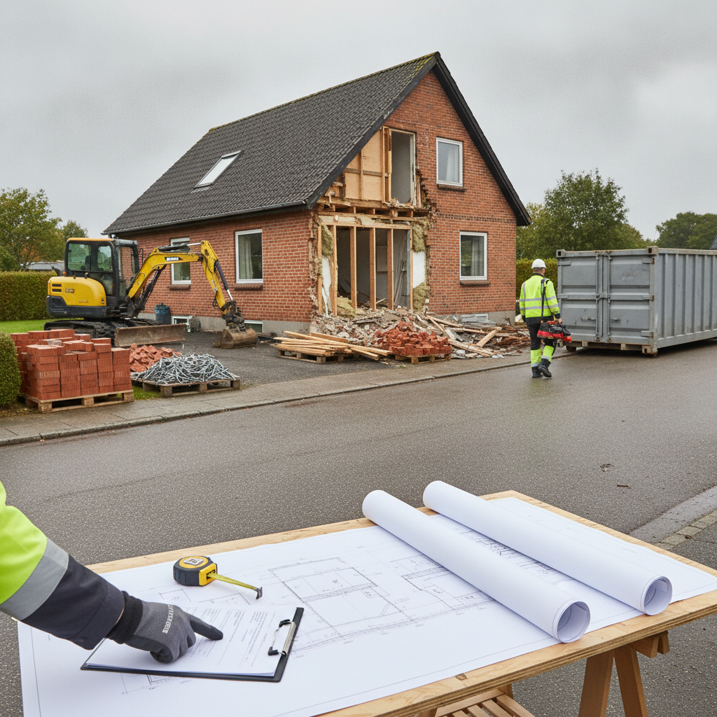 nedrivning, entreprenør, nedrivningsprojekt, entrepriseoplæg, tilbudsgrundlag, udbudsmateriale, planlægning, projektstyring, udendørs, byggeplads, parcelhus, dansk forstad, mursten, sortering af affald, byggeaffald, container, miljøscreening, asbest, sikkerhed, delvis nedrivning, renovering, hus, bolig, håndværker