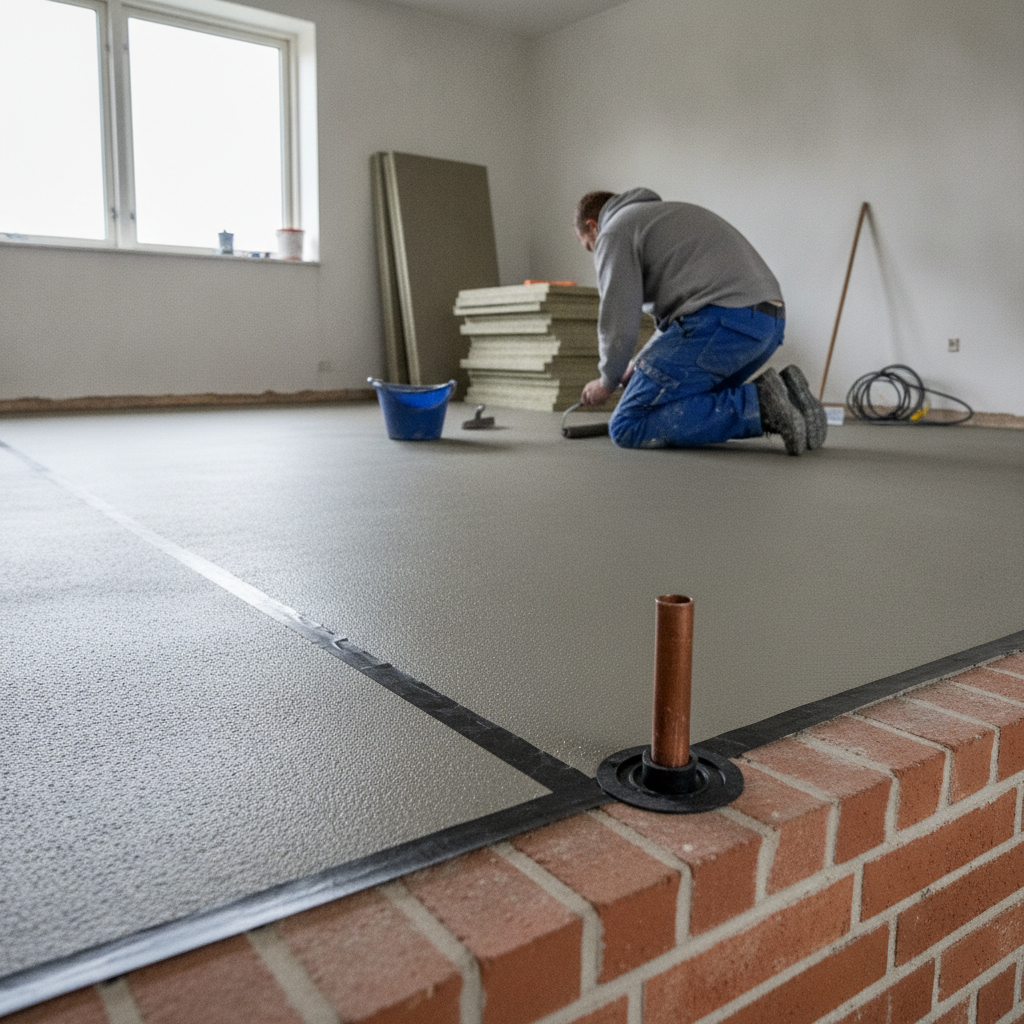 murer, radonsikring, betonklaplag, terrændæk, radonmembran, radonsug, tætning, rørgennemføring, manchet, revner i beton, samlinger, gulvkonstruktion, indendørs, renovering, parcelhus, betongulv, fundament, sokkel, isolering, byggeplads, professionel, dansk bolig, hus, bolig, håndværker