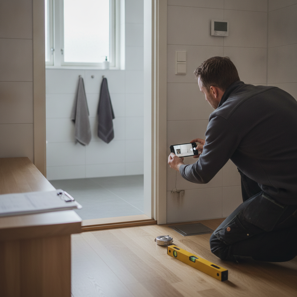 byggesagkyndig, fejl og mangler, mangelgennemgang, dokumentation, reklamation, afleveringsforretning, besigtigelse, indendørs, badeværelse, renovering, fugt, vandskade, fliser, fuge, gulvafløb, vaterpas, tommestok, entreprise, kvalitetssikring, dansk hjem, hus, bolig, håndværker