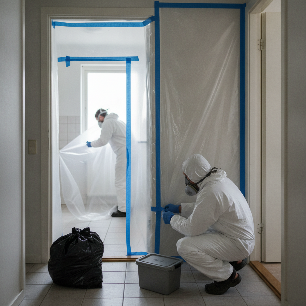 miljøsanering, asbestsanering, saneringsfirma, adgangsplan, afskærmning, afspærring, støvkontrol, arbejdsmiljø, sikkerhed, værnemidler, åndedrætsværn, plastikafdækning, tape, affaldshåndtering, farligt affald, indendørs, renovering, parcelhus, dansk bolig, byggeplads, professionel, regler, dokumentation, hus, bolig, håndværker