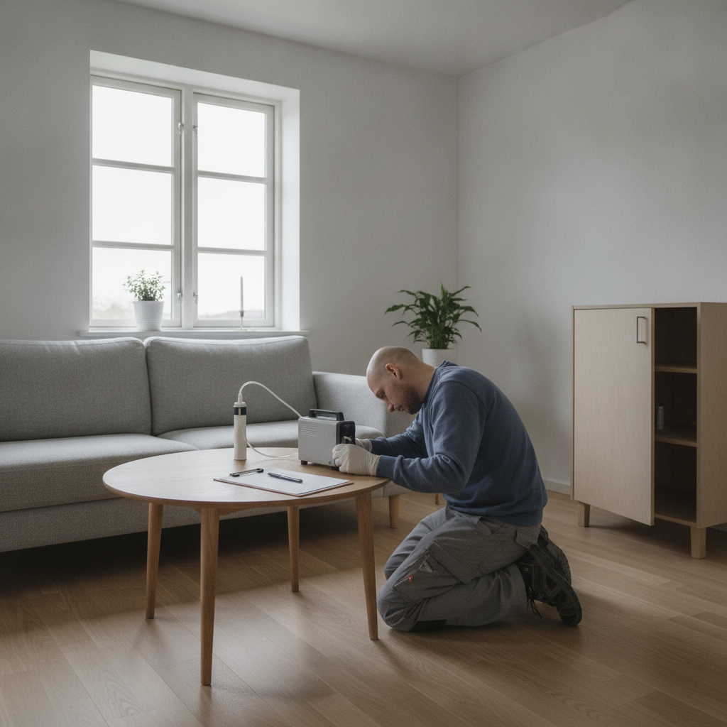 indeklimakonsulent, indeklimamåling, formaldehyd, luftkvalitet, måleudstyr, prøvetagning, dokumentation, rapport, indendørs, stue, nyrenoveret, danske hjem, ventilation, udluftning, nye møbler, spånplade, mdf, afgasning, kemi i boligen, sundhed, renovering, hus, bolig, håndværker