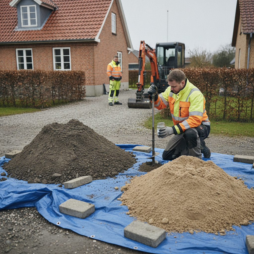 miljørådgiver, jordprøver, forurenet jord, jordhåndtering, udgravning, jordflytning, anmeldelse til kommune, byggeplads, udendørs, parcelhus, villa, dansk forstad, gravemaskine, jordbunke, presenning, sortering af jord, dokumentation, miljøregler, prøvetagning, renovering, byggeri, pris, tilbud, hus, bolig, håndværker