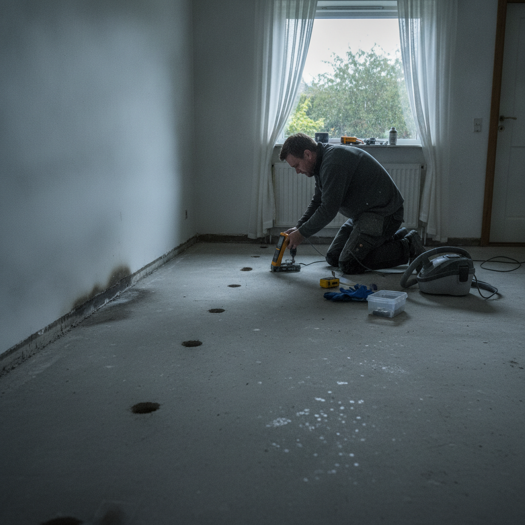 byggesagkyndig, fugtmåling, fugt i betongulv, betongulv, borehulsmåling, rf måling, restfugt, opstigende fugt, kondens, vandskade, lækage, undergulv, indendørs, renovering, gulvarbejde, fugtspærre, affugtning, skimmelrisiko, parcelhus, dansk bolig, værktøj, professionel, hus, bolig, håndværker