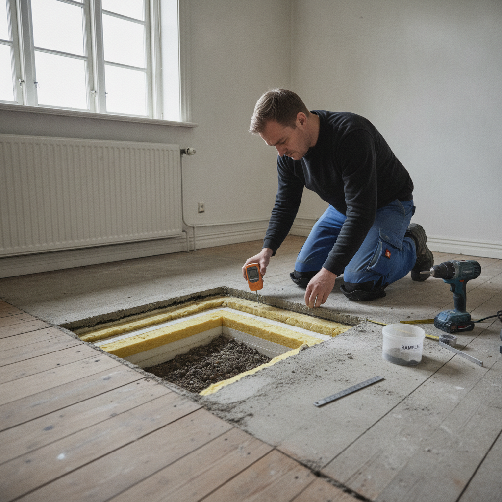 vvs, gulvvarme, forundersøgelse, fugtmåling, fugt i gulv, eksisterende hus, indendørs, renovering, beton, terrændæk, isolering, undergulv, borehul, skimmelrisiko, vandskade, byggeteknisk gennemgang, håndværker i arbejde, professionel, dansk bolig, parcelhus, hus, bolig, håndværker, pris, tilbud