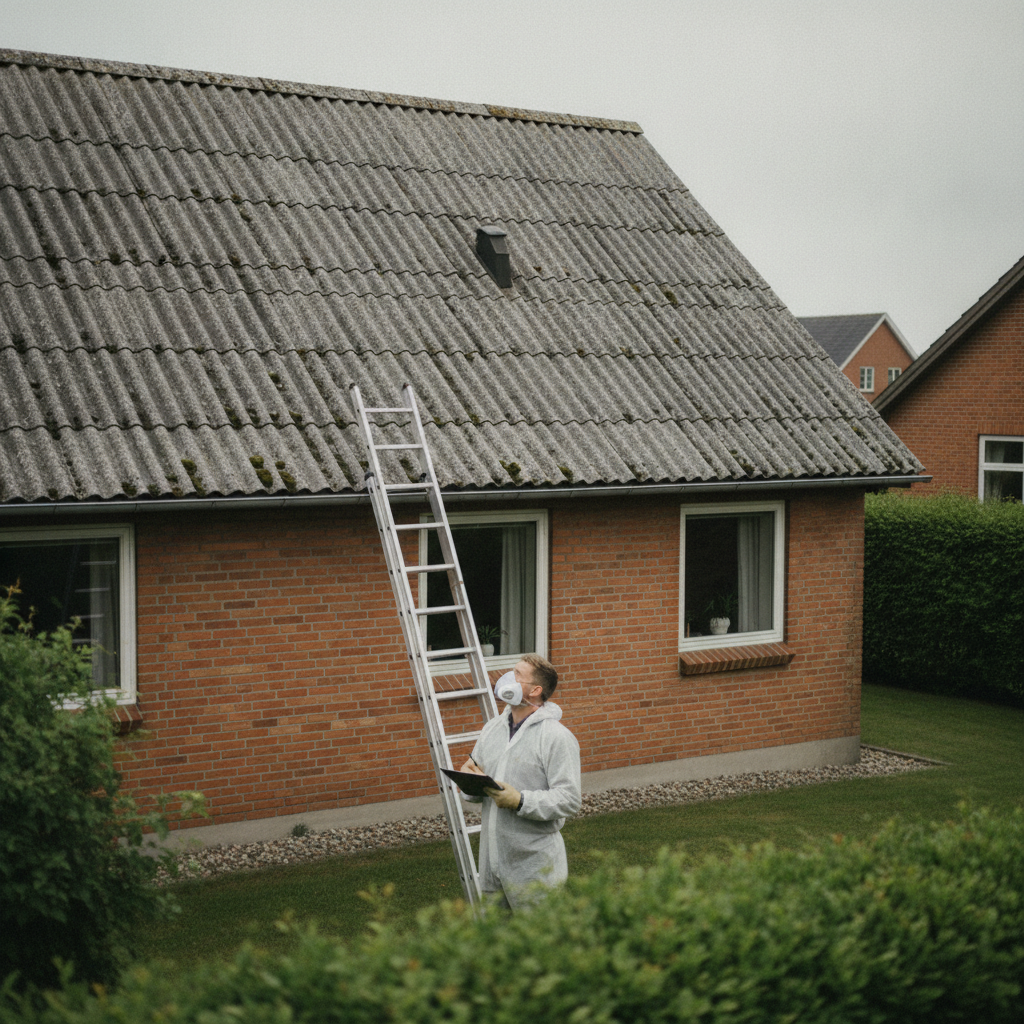 tagdækker, byggesagkyndig, asbest, asbesttag, eternittag, bølgeeternit, fibercement, taginspektion, visuel kontrol, udendørs, parcelhus, mursten, tagplader, værnemidler, sikkerhed, renovering, vedligeholdelse, dansk villavej, overskyet vejr, professionel, hus, bolig, håndværker