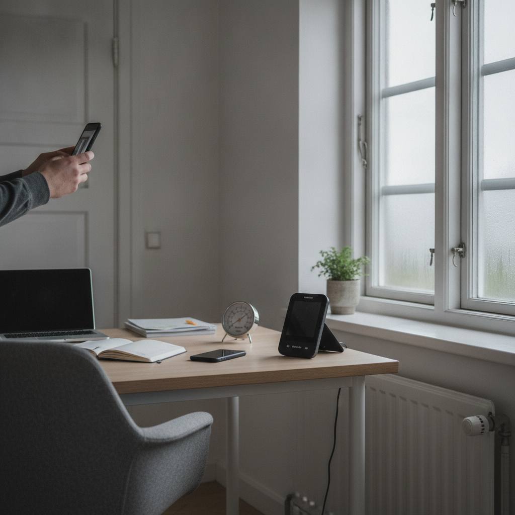 indeklima, hjemmearbejde, hjemmekontor, co2-måler, co2, ventilation, udluftning, luftfugtighed, temperatur, kondens på vindue, dokumentation, måling, apv, arbejdsmiljø, indendørs, villa, parcelhus, mursten, vindue, radiator, nordisk lys, fugtproblem, bolig, håndværker