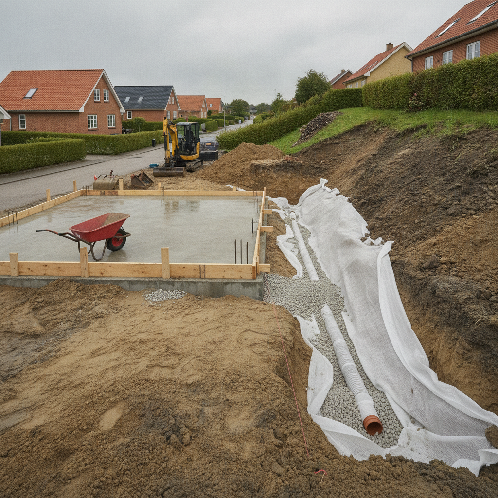 entreprenør, jordarbejde, byggeri på skrånende grund, dræn, omfangsdræn, afskærende dræn, fundering, fundament, geoteknik, jordbundsundersøgelse, terrænregulering, støttemur, udendørs, byggeplads, parcelhus, dansk villakvarter, skrånende grund, udgravning, lerjord, sand, geotekstil, drænrør, regnvand, pris, tilbud, hus, bolig, håndværker