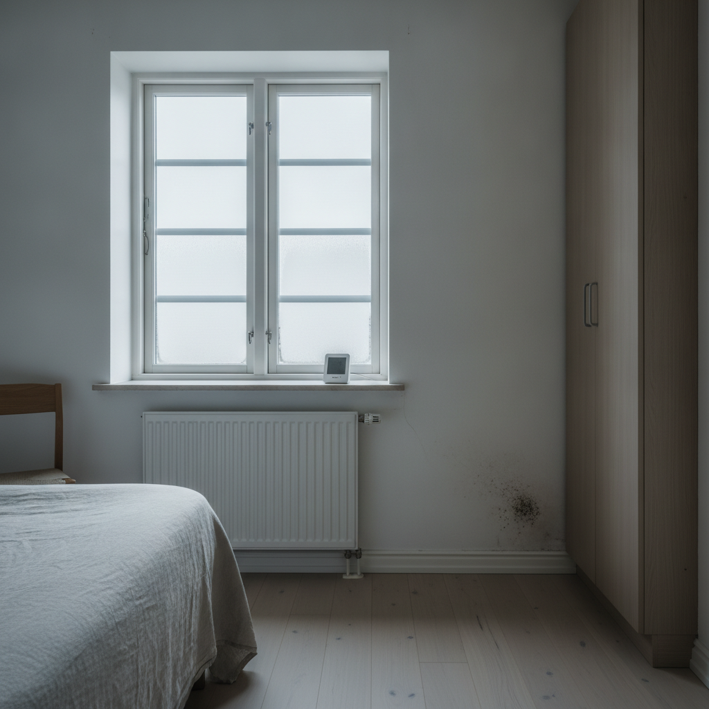 byggesagkyndig, indeklima, skimmelsvamp, fugt, kondens, muglugt, symptomer, undersøgelse, skimmelsvampundersøgelse, indeklimamåling, fugtmåling, ventilation, soveværelse, indendørs, parcelhus, dansk bolig, vindue, ydervæg, radiator, væg, trægulv, renovering, vedligeholdelse, hus, bolig, håndværker