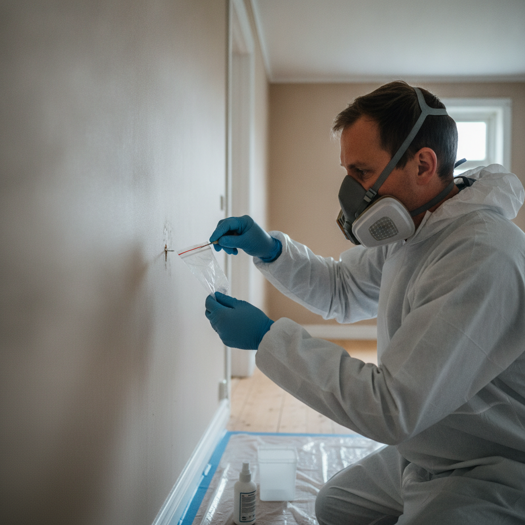 miljøsanering, asbest, asbesttest, asbest i maling, prøvetagning, materialeprøve, sikkerhed, værnemidler, p3 maske, engangsdragt, renovering, indendørs, væg, strukturmaling, afskallende maling, støvkontrol, plastikafdækning, ældre hus, parcelhus, laboratorieanalyse, pris, tilbud, hus, bolig, håndværker