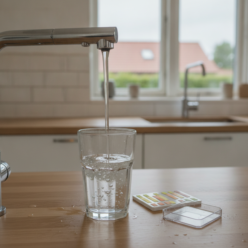 vvs, drikkevand, klor i drikkevand, klorsmag, klorlugt, vandkvalitet, vandtest, teststrips, vandanalyse, koldt vand, vandhane, køkken, indendørs, dansk hjem, parcelhus, vandforsyning, grundvand, installationer, vedligeholdelse, sundhed, professionel, hus, bolig, håndværker