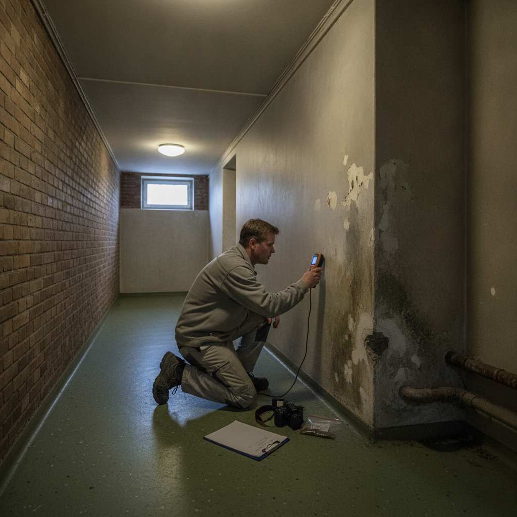 byggesagkyndig, fugtmåling, skimmelsvamp, fugtskade, kondemnering, kommunal besigtigelse, dokumentation, rapport, indeklima, kælder, indendørs, etageejendom, lejebolig, murværk, beton, rør, vandskade, afskallet maling, renovering, myndighedssag, sikkerhed, hus, bolig, håndværker