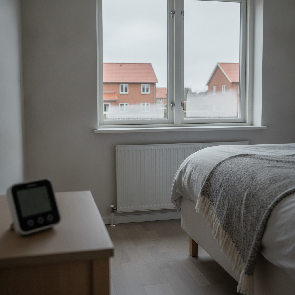 indeklima, luftfugtighed, relativ fugtighed, hygrometer, måling, kondens, vindue, soveværelse, indendørs, ventilation, udluftning, vinter, dansk hjem, parcelhus, radiator, nordisk lys, fugtproblem, skimmelrisiko, dugpunkt, vedligeholdelse, hus, bolig, håndværker