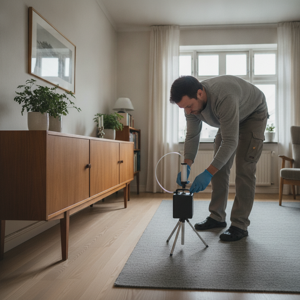 miljørådgiver, pcb, pcb i indeluft, luftmåling, prøvetagning, indeklima, indeklimamåling, aktiv prøvetagning, måleudstyr, pumpe, filter, sorbent, stue, indendørs, 70erhus, parcelhus, vinduer, fuger, renovering, sundhed, professionel, hus, bolig, håndværker
