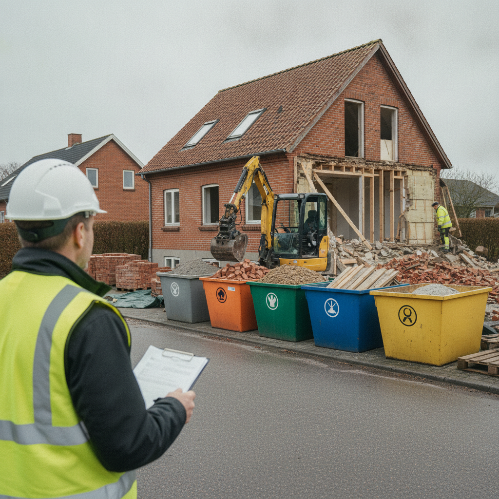 nedrivning, selektiv nedrivning, miljø- og ressourcekoordinator, mrk, miljøscreening, miljøkortlægning, dokumentation, nedrivningsplan, affaldssortering, byggeplads, udendørs, parcelhus, dansk forstad, mursten, beton, træ, metal, containere, gravemaskine, entreprenør, renovering, myndighedskrav, hus, bolig, håndværker