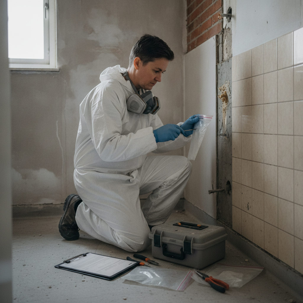 miljørådgiver, miljørapport, miljøscreening, miljøkortlægning, prøvetagning, asbest, pcb, bly, farligt affald, affaldsanmeldelse, renovering, nedrivning, indendørs, parcelhus, 1970er hus, badeværelse, gamle fliser, fliseklæb, rørisolering, byggeplads, dokumentation, professionel, hus, bolig, håndværker