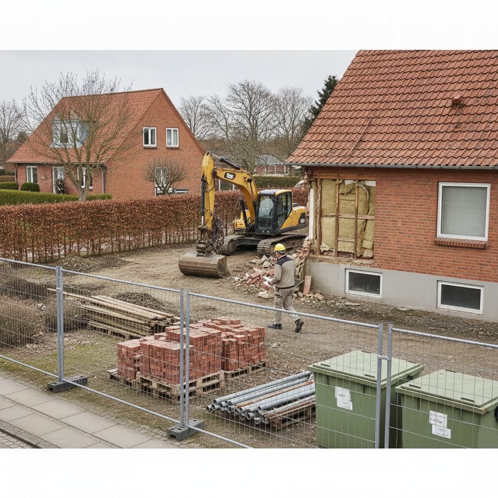 nedriver, nedrivning af hus, selektiv nedrivning, udendørs, parcelhus, dansk villavej, forstad, byggeplads, sikkerhed, afspærring, gravemaskine, container, affaldssortering, byggeaffald, murbrokker, mursten, træaffald, metal, miljøscreening, asbest, pcb, tilladelse, pris, tilbud, hus, bolig, håndværker