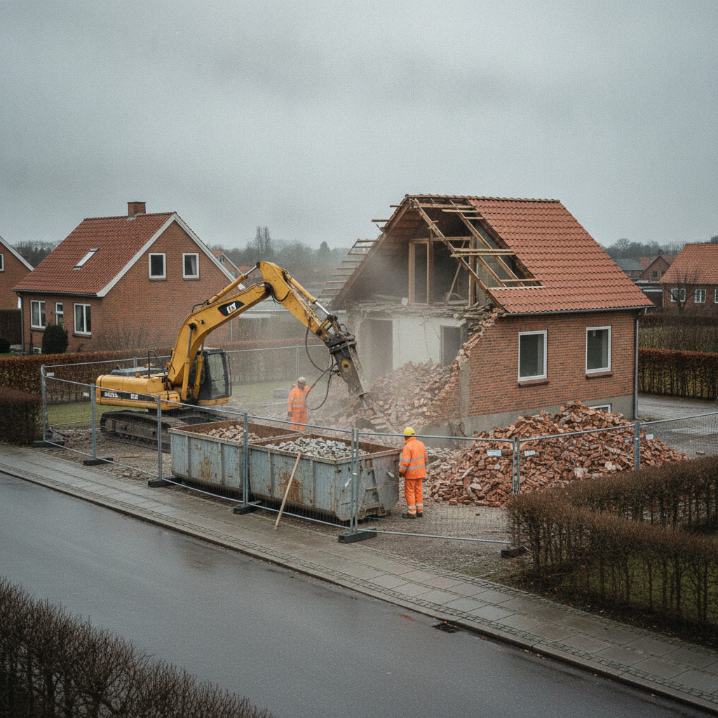 entreprenør, nedrivning af hus, husnedrivning, udendørs, parcelhus, dansk parcelhus, forstad, byggeplads, gravemaskine, nedbrydning, mursten, beton, byggeaffald, affaldssortering, containere, miljøscreening, asbest, sikkerhed, afspærring, støvkontrol, bbr, tilladelse, pris, tilbud, hus, bolig, håndværker