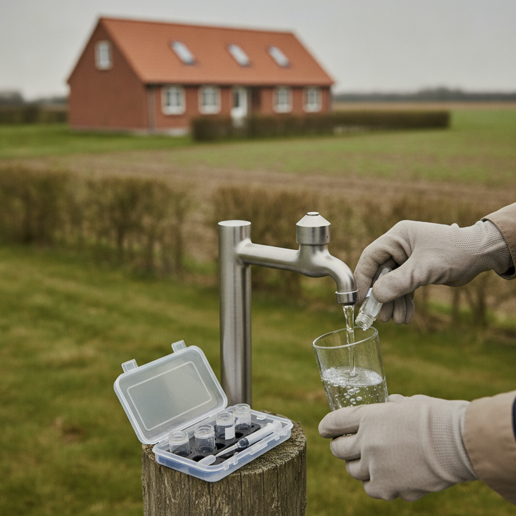 vvs, drikkevand, vandtest, nitrattest, vandanalyse, egen brønd, boring, privat vandforsyning, udendørs, parcelhus, landbrug, mark, vandhane, vandprøve, prøvetagning, vandkvalitet, grundvand, sundhed, børnefamilie, vedligeholdelse, professionel, hus, bolig, håndværker