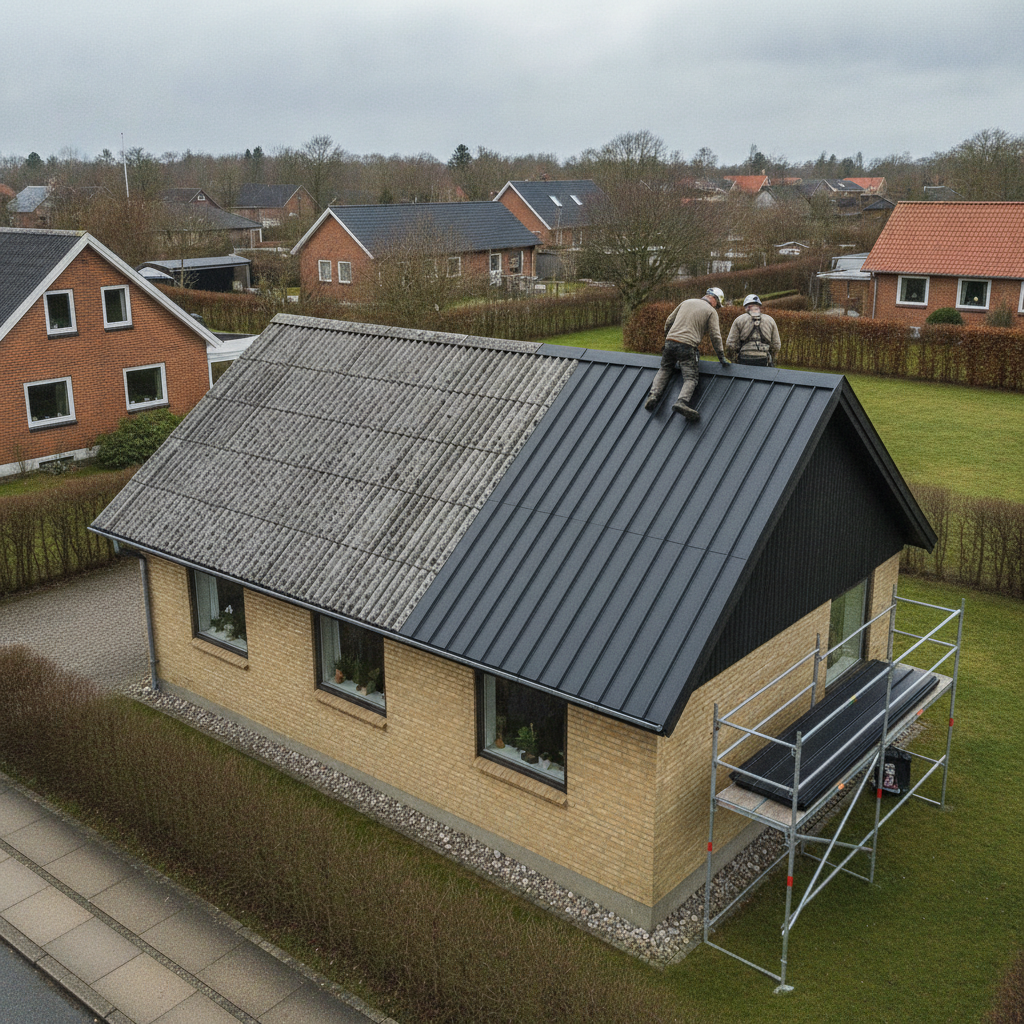 tagdækker, tag-på-tag, asbesttag, ståltag, tagrenovering, udendørs, parcelhus, dansk parcelhus, bølgeeternit, fibercement, tagplader, lægter, stillads, sikkerhed, byggeri, vedligeholdelse, fugt, ventilation, tagkonstruktion, pris, tilbud, hus, bolig, håndværker