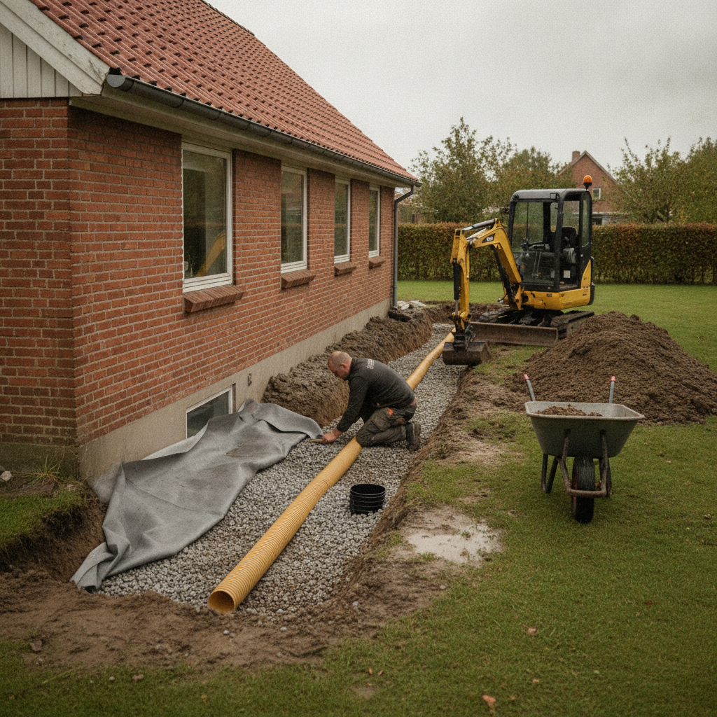 kloakmester, omfangsdræn, dræn rundt om hus, fugt i kælder, kælderfugt, udendørs, parcelhus, fundament, sokkel, udgravning, drænrør, drænslange, drænbrønd, filtergrus, geotekstil, lerjord, regnvejr, byggeplads, renovering, fugtsikring, afledning af regnvand, pris, tilbud, hus, bolig, håndværker