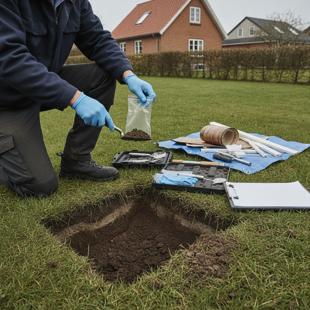 miljørådgiver, pfas, jordprøve, prøvetagning, dokumentation, miljøscreening, miljøkortlægning, forurenet jord, jordhåndtering, byggeaffald, selektiv nedrivning, renovering, udendørs, parcelhus, dansk villakvarter, have, udgravning, laboratorieanalyse, byggematerialer, vinylgulv, maling, affaldssortering, pris, tilbud, hus, bolig, håndværker