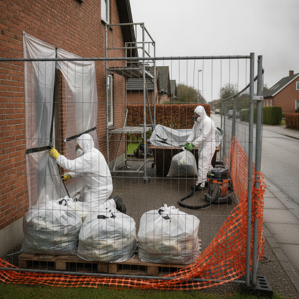 nedriver, asbestsanering, pss, sikkerhed og sundhed, arbejdsmiljø, nedrivning, byggeplads, udendørs, parcelhus, murstenshus, afspærring, afdækning, plastfolie, værnemidler, åndedrætsværn, engangsovertræk, affaldshåndtering, farligt affald, container, stillads, renovering, dansk forstad, hus, bolig, håndværker