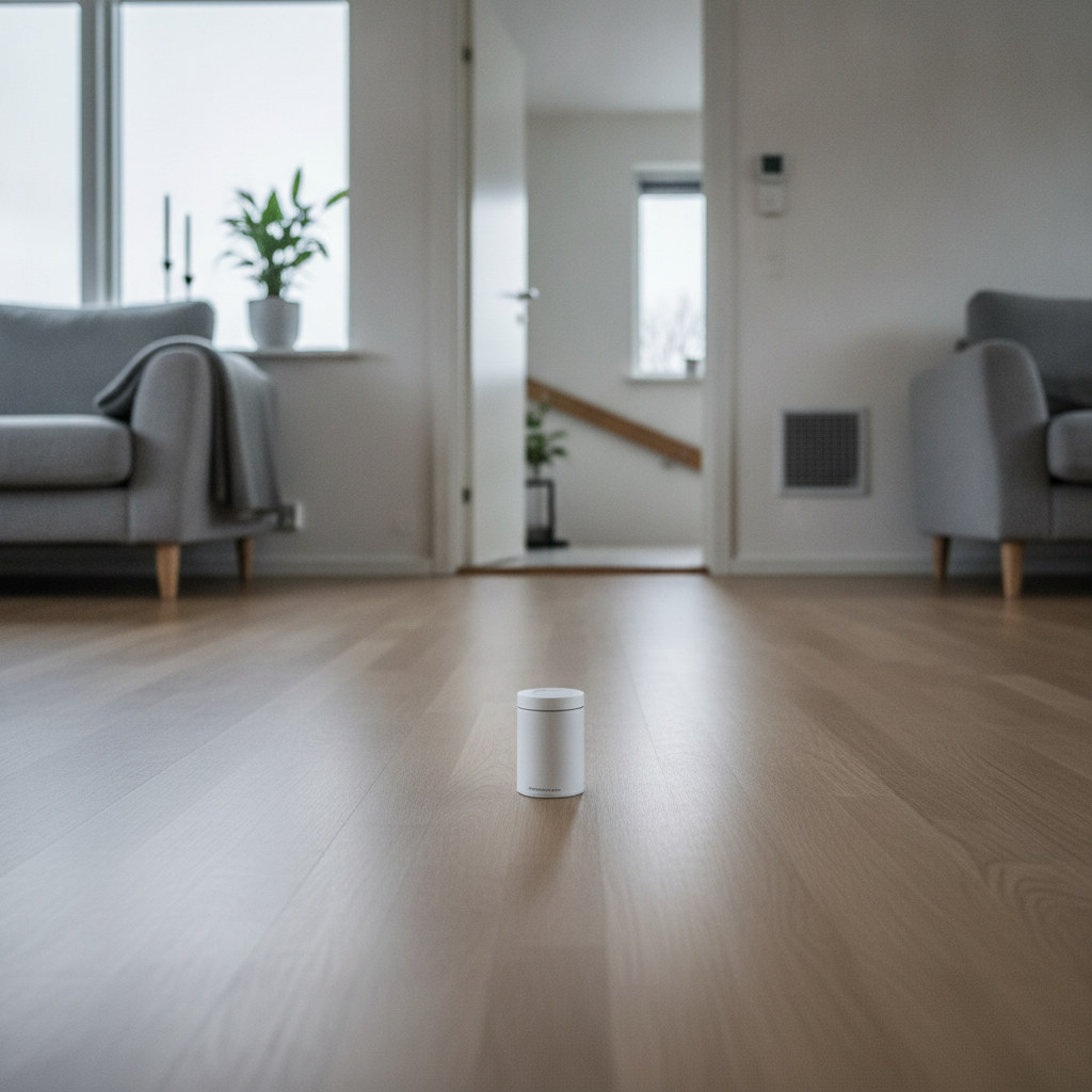 ventilation, radon, radonmåling, sporfilm, radondosimeter, indeklima, luftskifte, mekanisk ventilation, balanceret ventilation, indendørs, stue, stueplan, kælder, parcelhus, dansk hjem, nordisk lys, overcast, vinter, trægulv, ventilationsventil, måling før og efter, renovering, vedligeholdelse, hus, bolig, håndværker