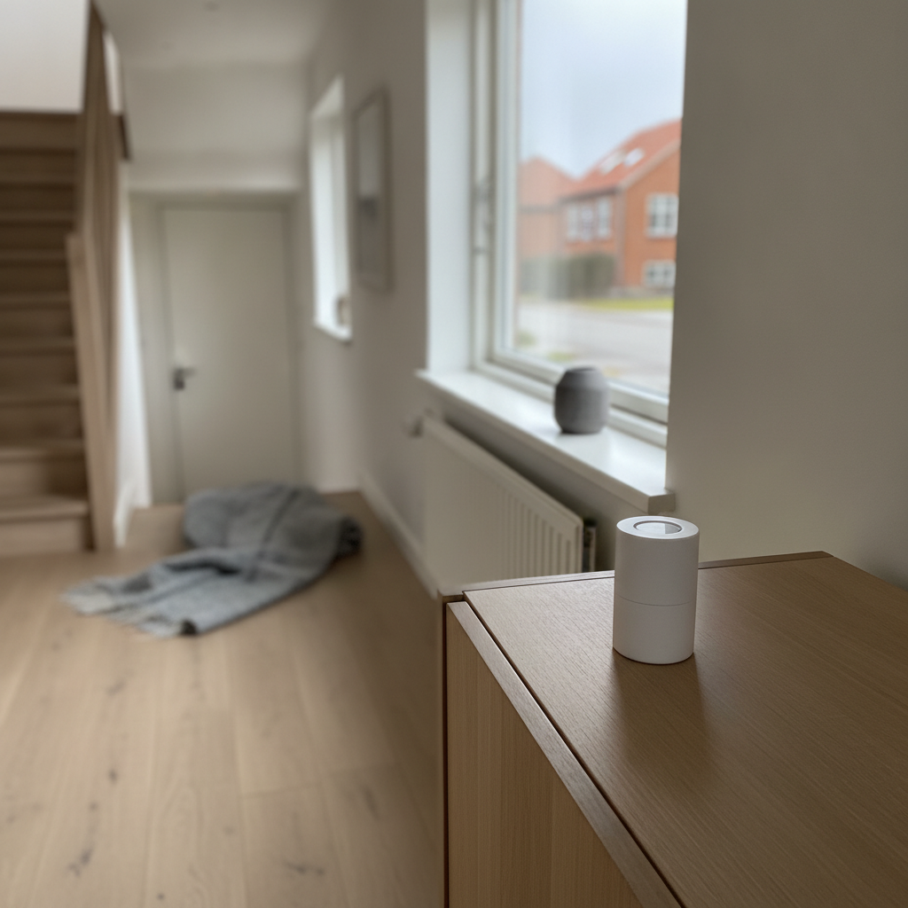 radon, radonmåling, radondosimeter, langtidsmåling, fyringssæson, indeklima, sundhed, ventilation, indendørs, stue, kælder, parcelhus, dansk hjem, skandinavisk indretning, naturligt lys, vinterlys, trægulv, radiator, murstenshus, forstad, risikovurdering, hus, bolig, håndværker