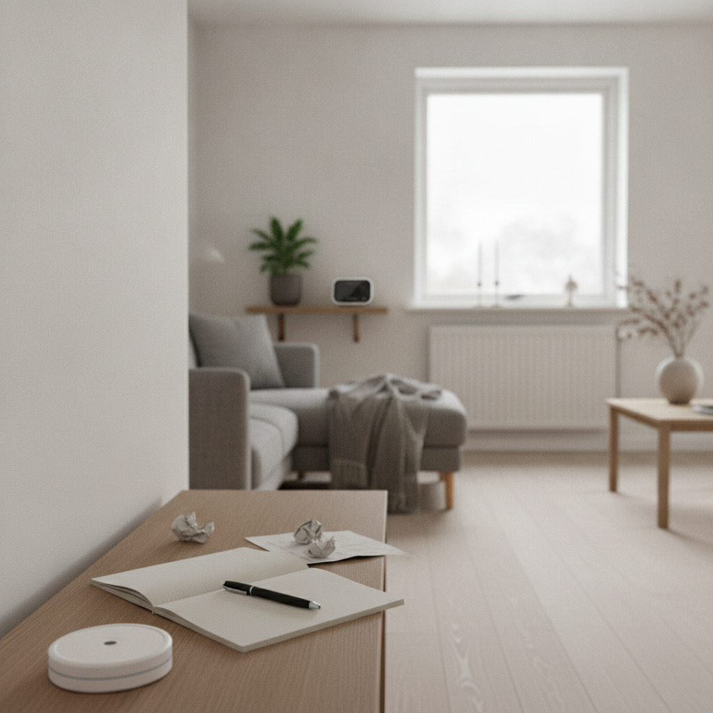 indeklima, radon, radonmåling, radondosimeter, sporfilm, elektronisk radonmåler, bq/m3, langtidsmåling, fyringssæson, ventilation, udluftning, placering af måler, indendørs, stue, parcelhus, nordisk interiør, vinterlys, dansk hjem, måleperiode, sund bolig, vedligeholdelse, hus, bolig, håndværker, pris, tilbud