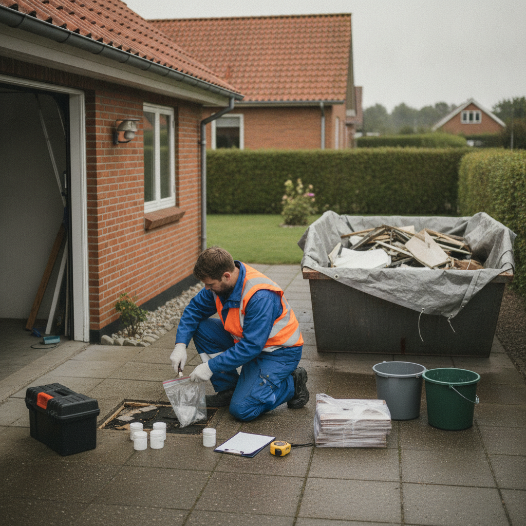 miljørådgiver, miljøscreening, prøvetagning, byggeaffald, affaldsanmeldelse, nedrivning, renovering, udendørs, parcelhus, dansk parcelhus, mursten, tegltag, gulvbelægning, vinyl, klæber, asbest, pcb, sortering, dokumentation, byggeplads, professionel, pris, tilbud, hus, bolig, håndværker