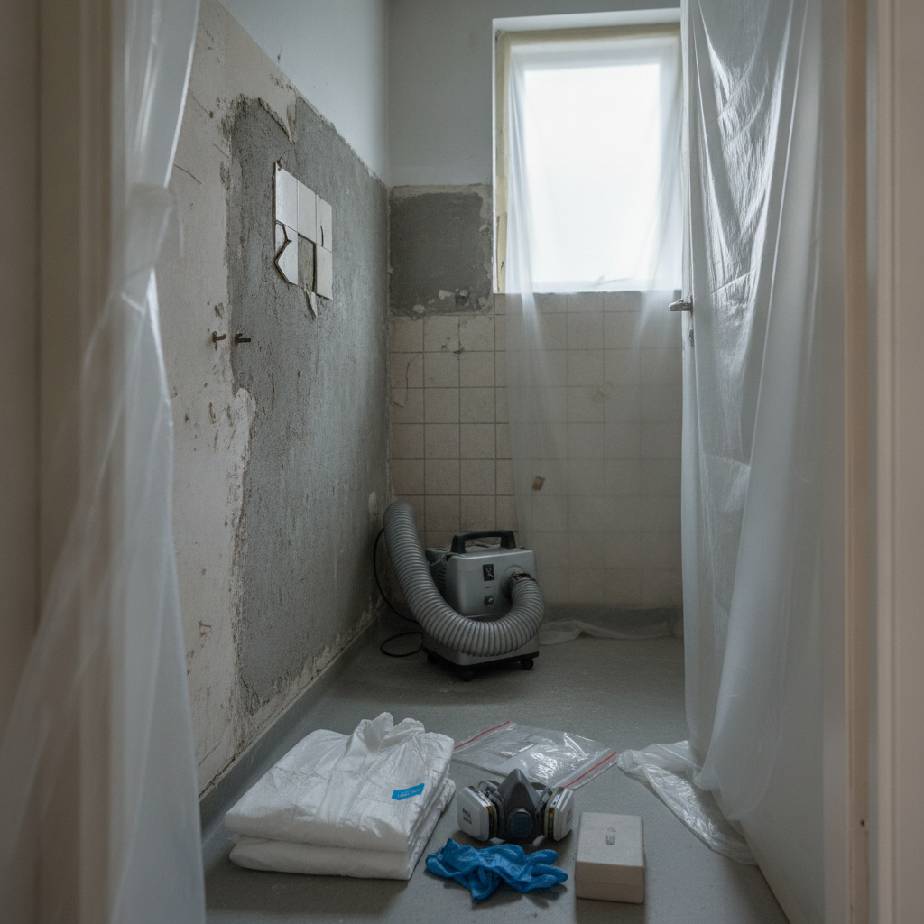 miljøkonsulent, asbest, pcb, tungmetaller, badeværelsesrenovering, screening, prøvetagning, sanering, nedrivning, indendørs, ældre hus, villa, mursten, fliser, klinker, fliseklæb, puds, fuger, rørisolering, plastafdækning, støvkontrol, farligt affald, pris, tilbud, hus, bolig, håndværker