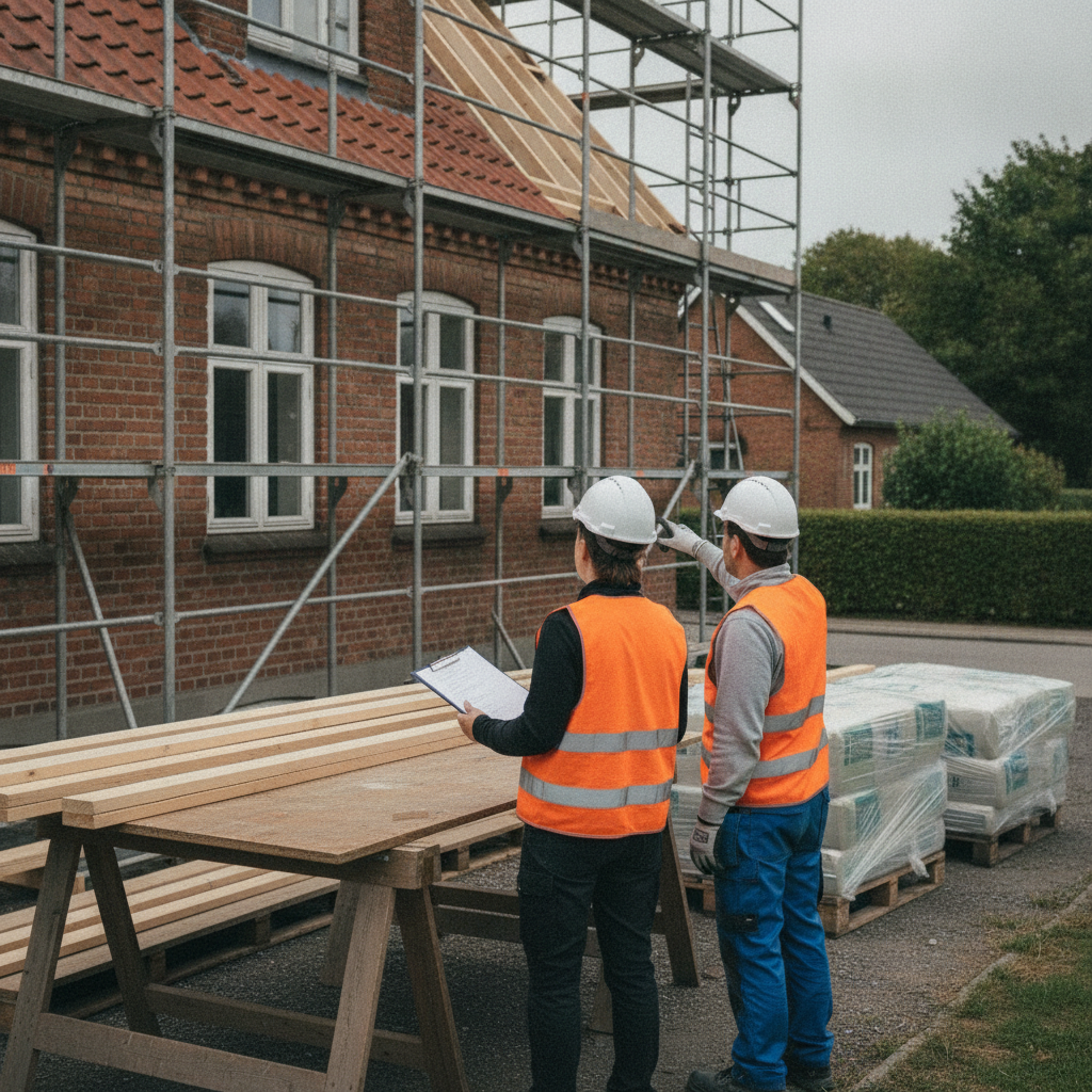 byggeleder, tømrer, byggeplads, risikovurdering, arbejdsmiljø, sikkerhed, planlægning, projektstyring, renovering, udendørs, villa, murstenshus, stillads, tagkonstruktion, tagrenovering, byggematerialer, dokumentation, kvalitetssikring, dansk byggeri, professionel, hus, bolig, håndværker