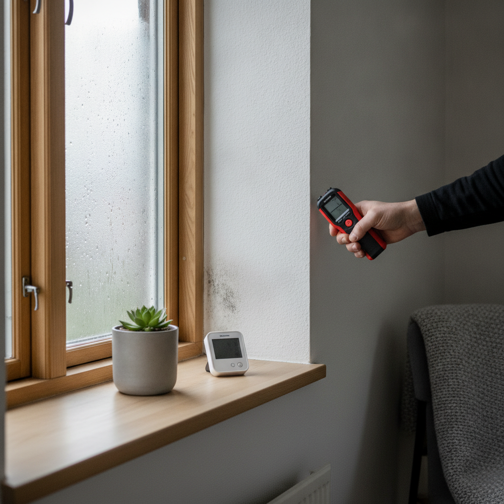fugttekniker, skimmelsvamp, forebyggelse, fugtproblem, kondens, luftfugtighed, hygrometer, fugtmåling, fugtmåler, skimmeltest, indeklima, ventilation, udendørs kulde, indendørs, vindue, vindueskarm, ydervæg, hjørne, parcelhus, dansk hjem, vedligeholdelse, professionel, hus, bolig, håndværker